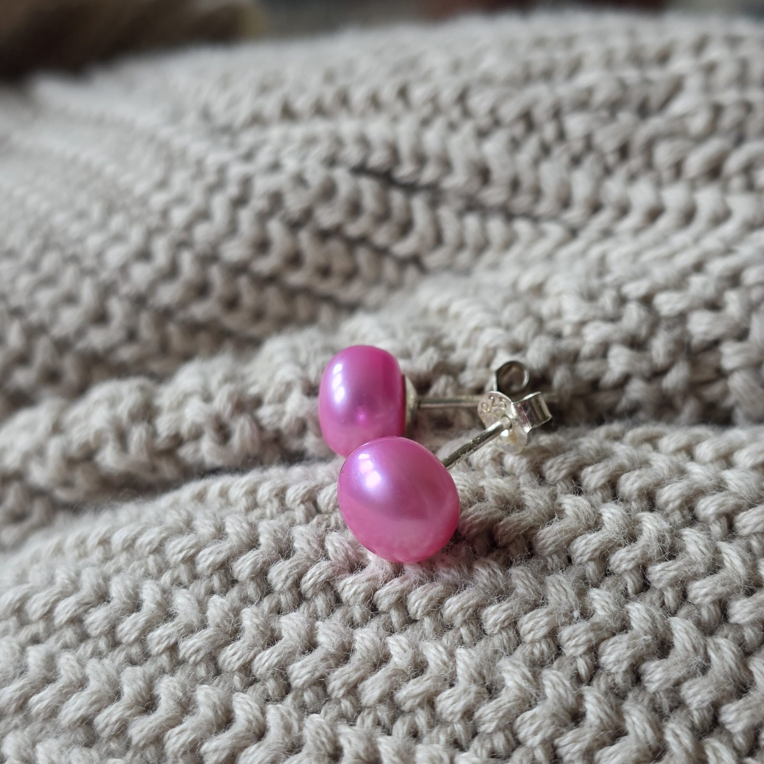 Bright Pink Fresh Water Pearl Stud Earrings Sterling Silver - 6mm Round