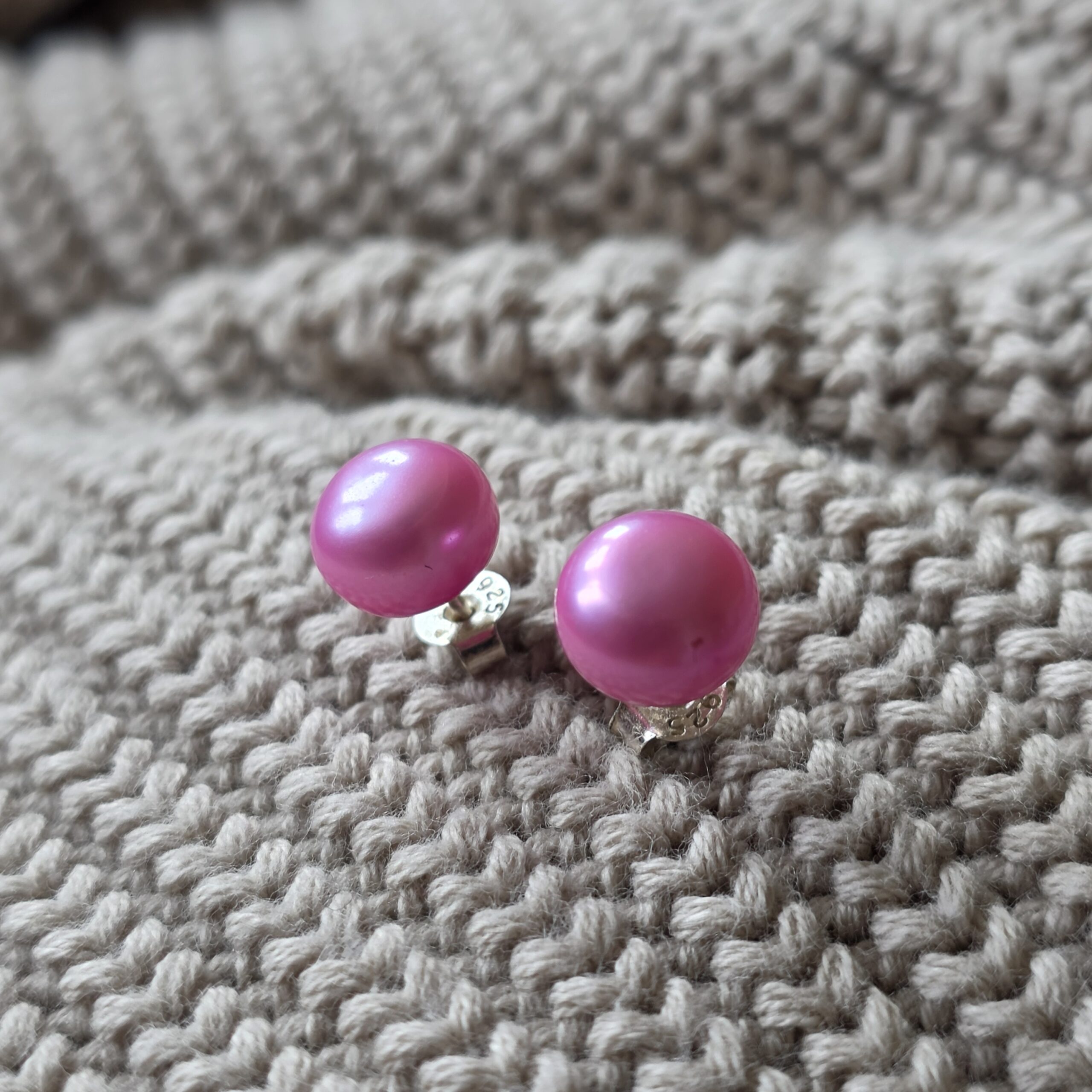 Bright Pink Fresh Water Pearl Stud Earrings Sterling Silver - 6mm Round - Image 2