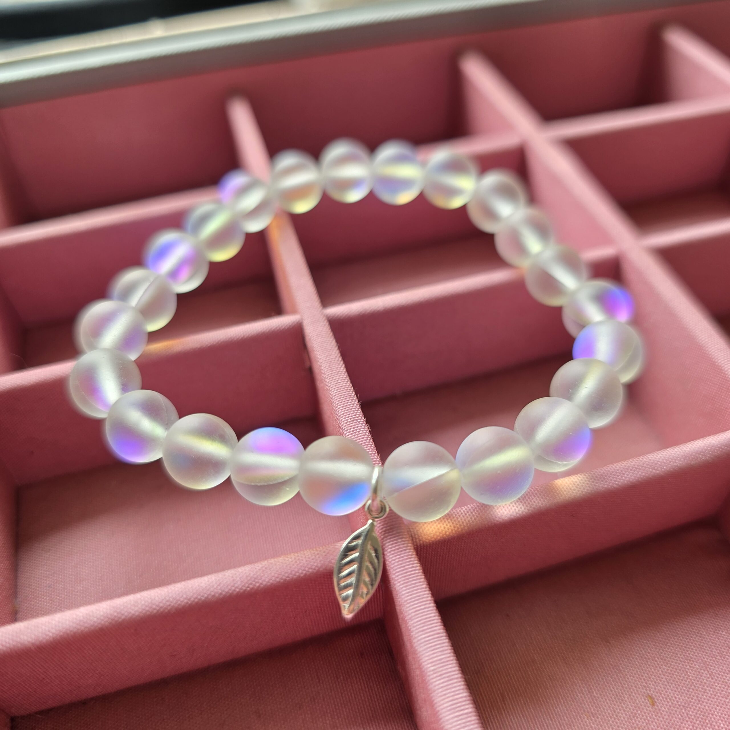 Iridescent Rainbow Aura Quartz Stretchy Bracelet with Tiny Sterling Silver Feather
