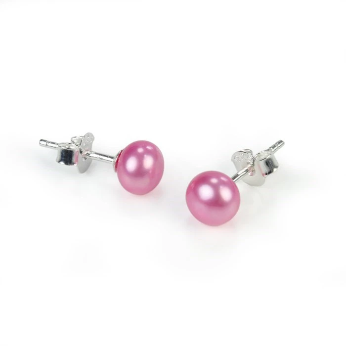 Bright Pink Fresh Water Pearl Stud Earrings Sterling Silver - 6mm Round - Image 3