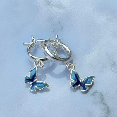 Blue Enamel Paradise Butterfly Huggie Hoops in Sterling Silver