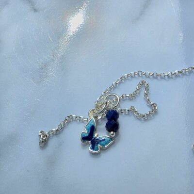 Blue Enamel Paradise Butterfly Necklace With Blue Sapphires in Sterling Silver