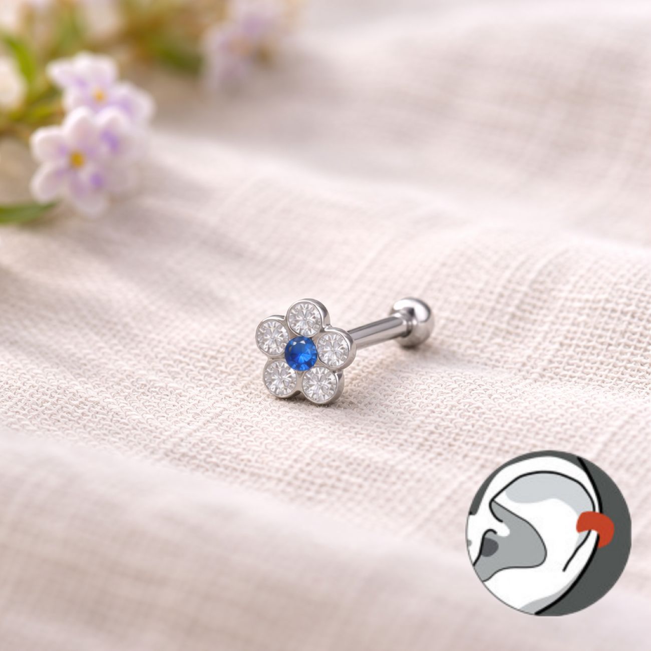 Forget Me Not Helix and Tragus Sterling Silver and Surgical Steel