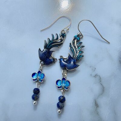 Sterling Silver Statement Enamel Peacock Drop Earrings with Blue Sapphire Beads- One of A Kind