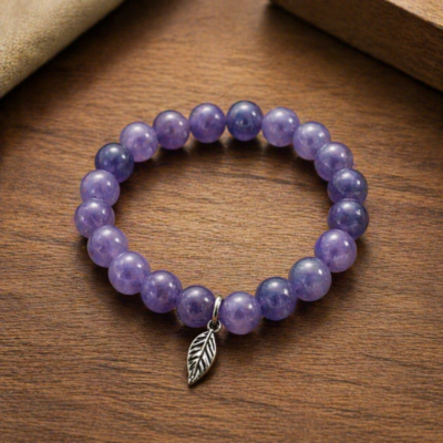 Lavendar Amethyst Stretchy Bracelet with Tiny Sterling Silver Feather