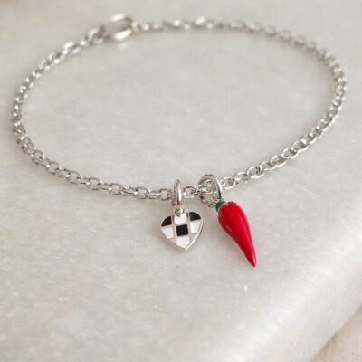 Sainz Chilli Pepper Themed Chain Bracelet in Sterling Silver with Tiny Chequered Heart