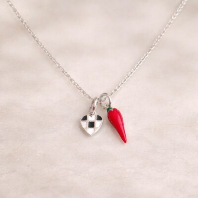 Sainz Chilli Pepper Themed Necklace in Sterling Silver with Tiny Chequered Heart