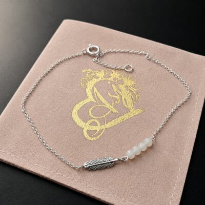 Clear Quartz Gemstone Feather Anklet in Sterling Silver