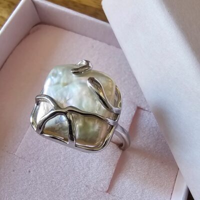 Keshi Freshwater Pearl Adjustable Square Ring in Sterling Silver