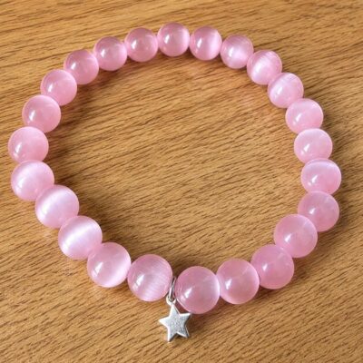 Pink Cats Eye Gemstone Stretchy Bracelet with Tiny Sterling Silver Star