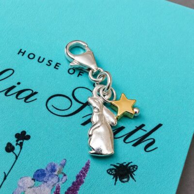Stargazing Hare Charm in Sterling Silver with Gold Dipped Star