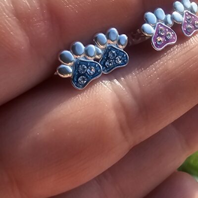 Blue Sparkling Paw Studs in Sterling Silver