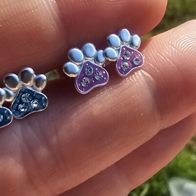 Pink Sparkling Paw Studs in Sterling Silver