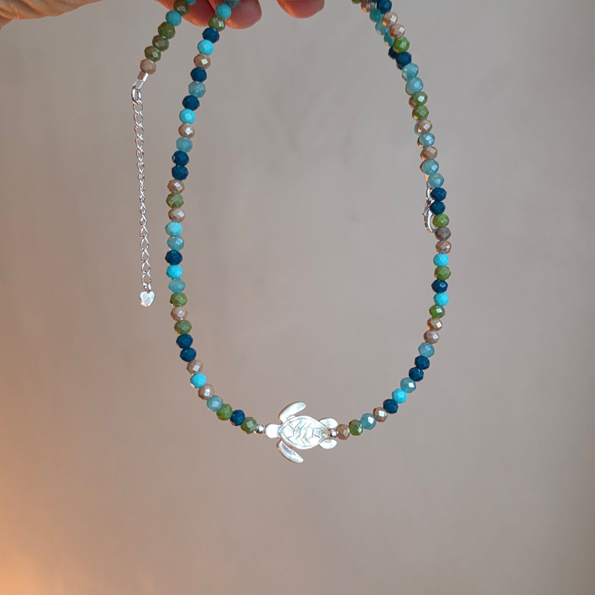 Mother of Pearl Shell Rainbow Turtle Crystal Necklace in Sterling Silver - Limited Edition