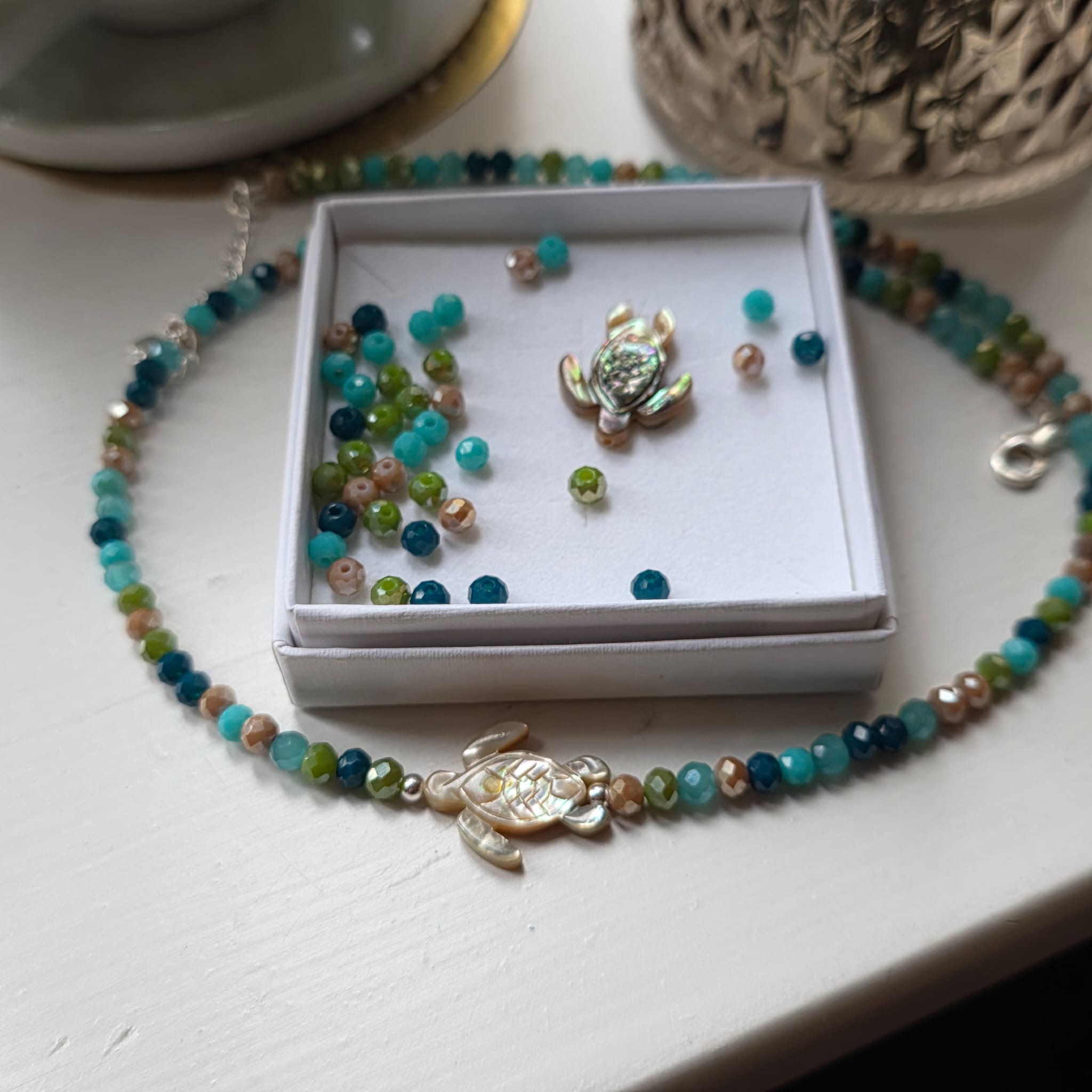 Mother of Pearl Shell Rainbow Turtle Crystal Necklace in Sterling Silver - Limited Edition - Image 4