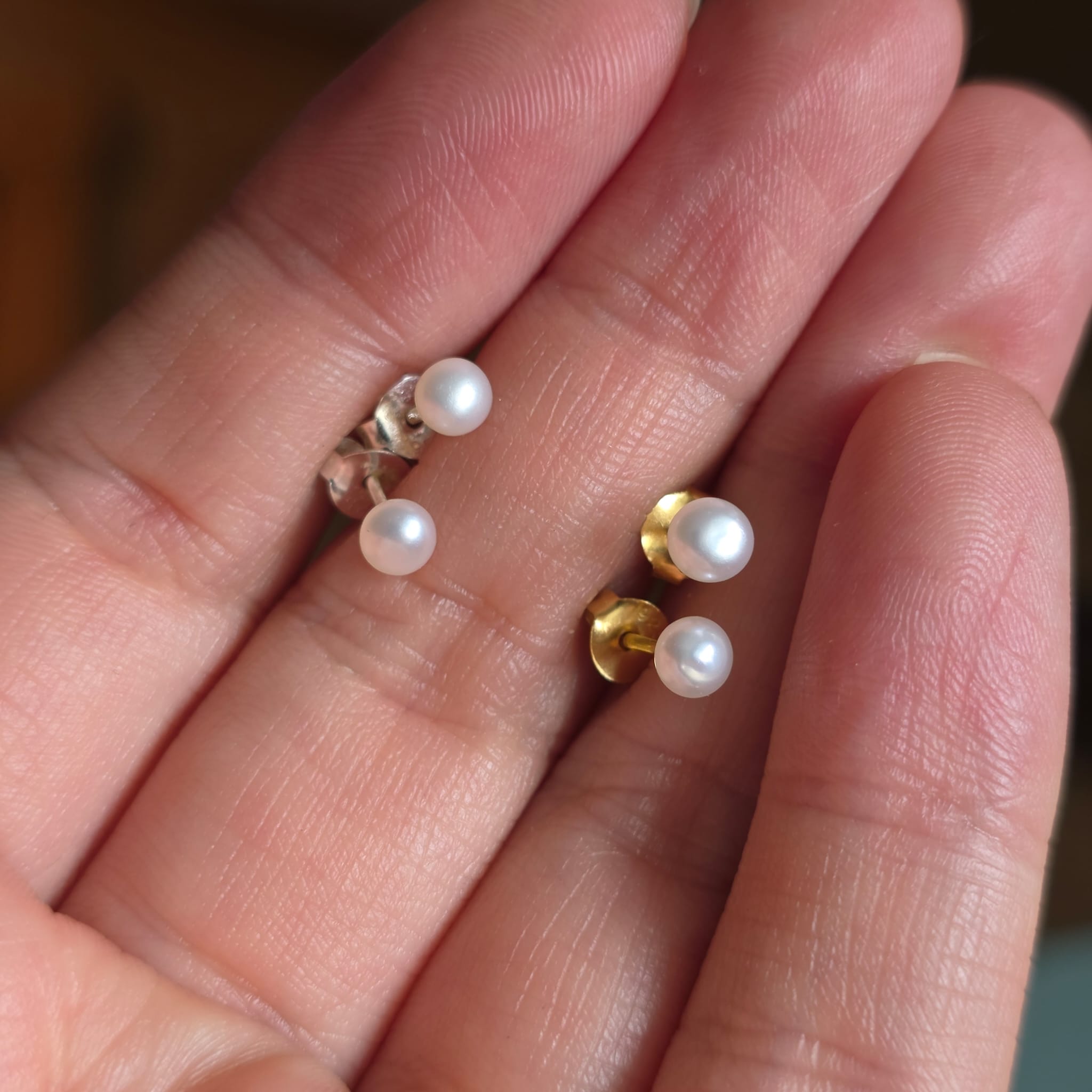 Golden Tiny Freshwater Pearl Studs in Sterling Silver - 4mm - Image 2