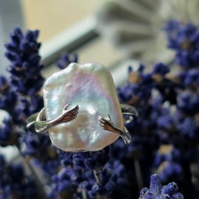 Little Hug Keshi Freshwater Pearl Adjustable Square Ring in Sterling Silver