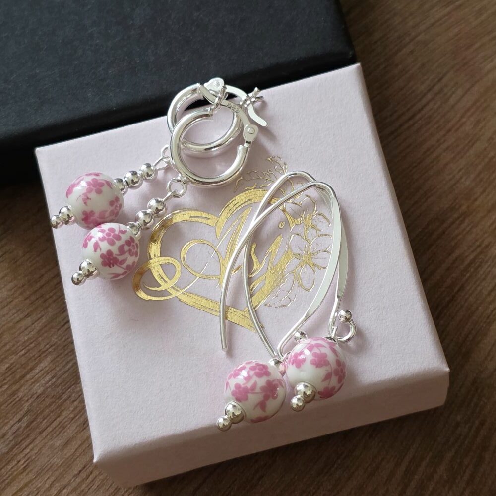 Pink Blossom Porcelain Drop Huggie Hoops in Sterling Silver – Limited Edition - Image 2