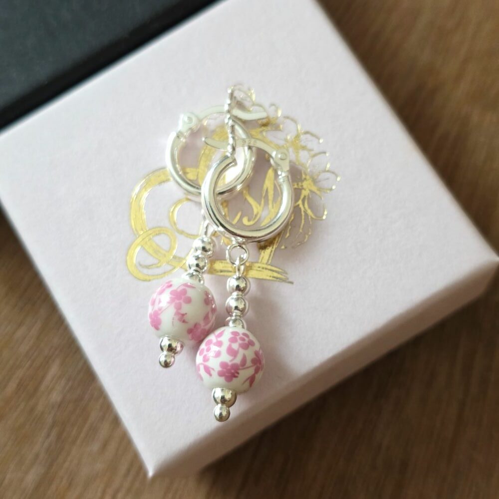 Pink Blossom Porcelain Drop Huggie Hoops in Sterling Silver – Limited Edition - Image 3