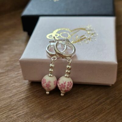 Pink Blossom Porcelain Drop Huggie Hoops in Sterling Silver – Limited Edition