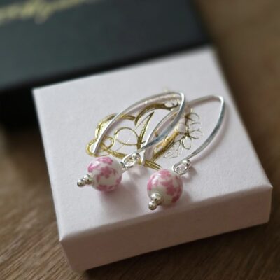Pink Blossom Porcelain Long Hook Drop Earrings in Sterling Silver – Limited Edition