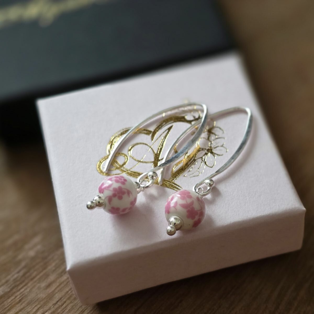 Pink Blossom Porcelain Long Hook Drop Earrings in Sterling Silver – Limited Edition