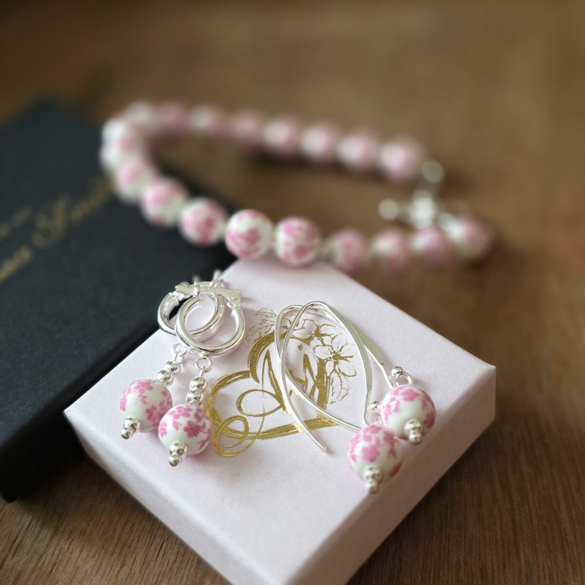 Pink Blossom Porcelain Long Hook Drop Earrings in Sterling Silver – Limited Edition - Image 3