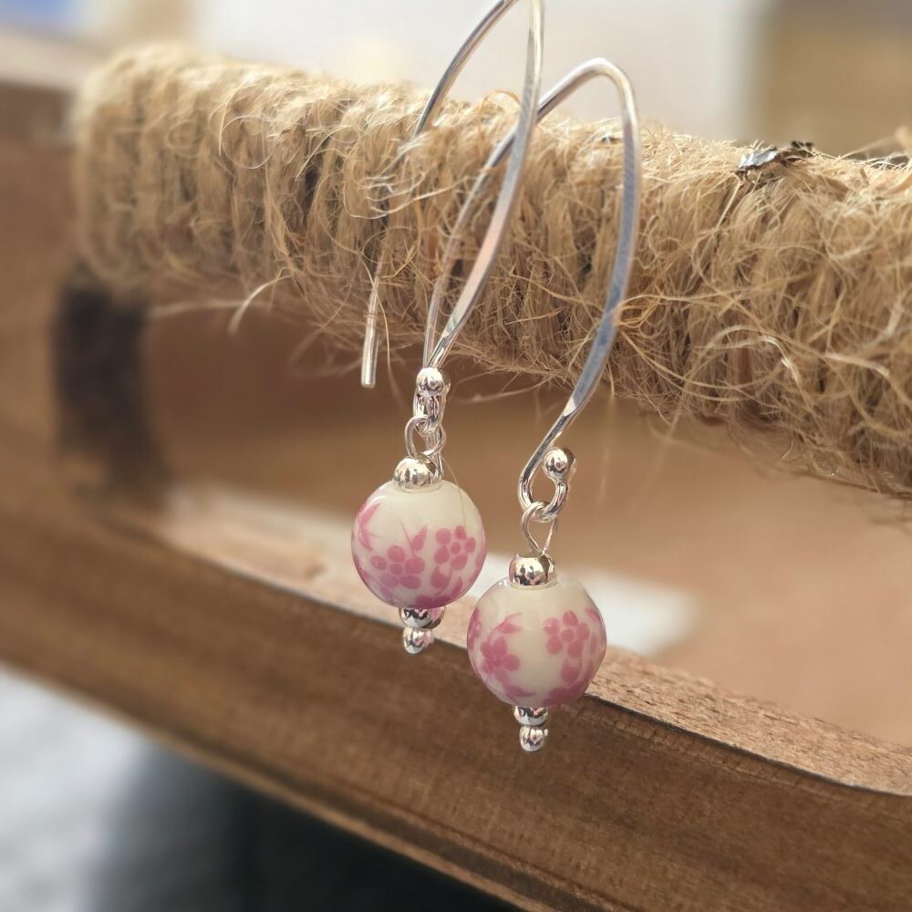 Pink Blossom Porcelain Long Hook Drop Earrings in Sterling Silver – Limited Edition - Image 2