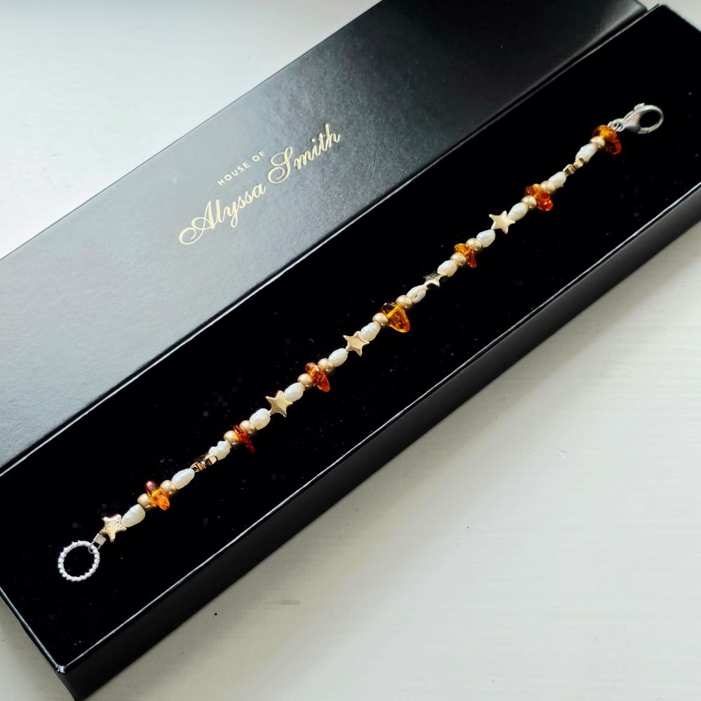 Alyssa's Birthday Sparkle Amber, Hematine & Freshwater Pearl Bracelet in Sterling Silver - Image 4