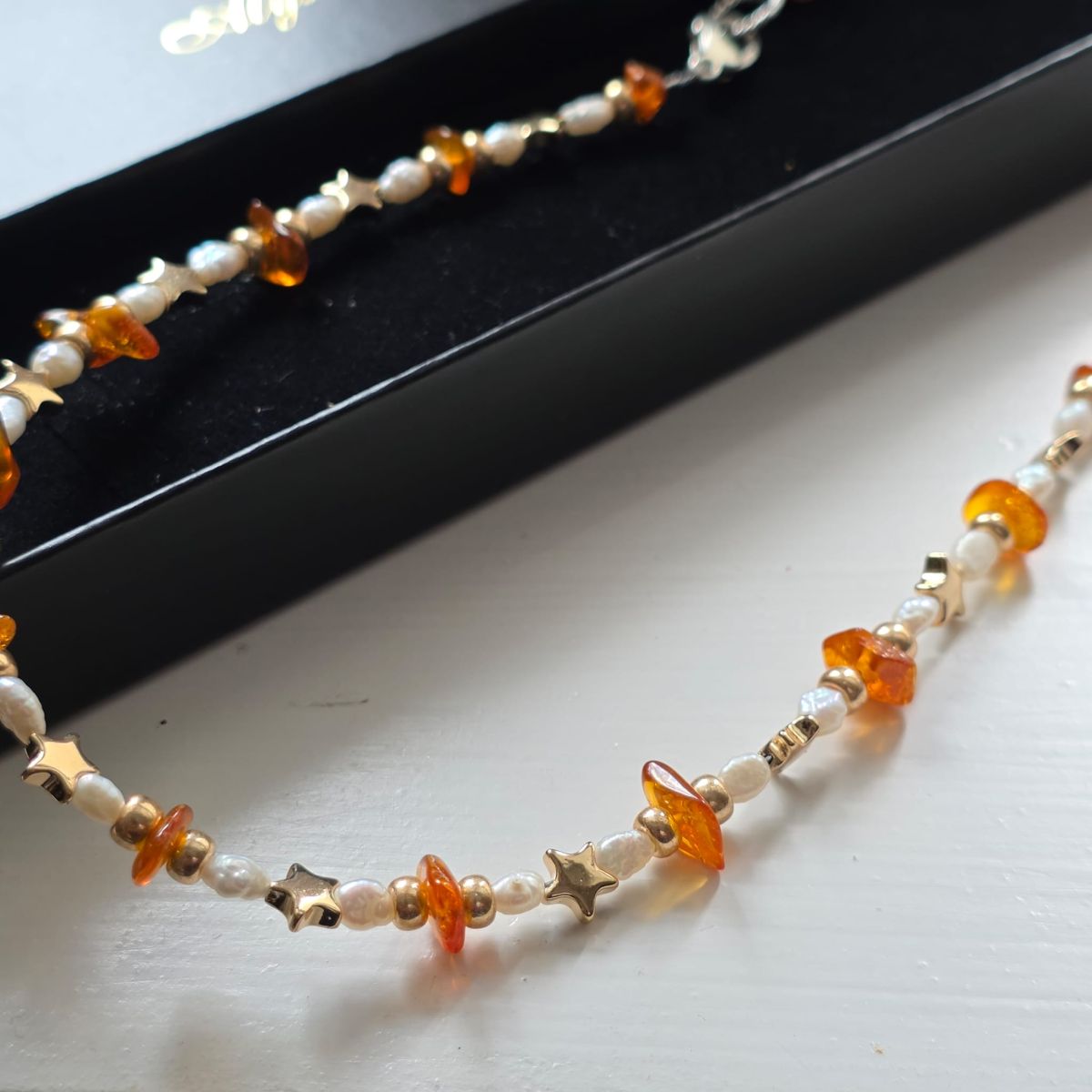 Alyssa's Birthday Sparkle Amber, Hematine & Freshwater Pearl Bracelet in Sterling Silver - Image 2