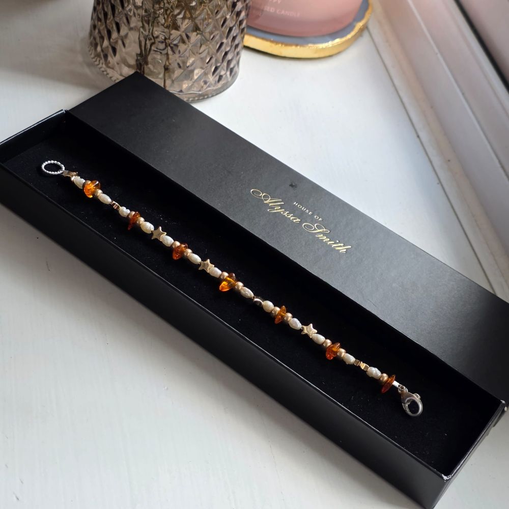 Alyssa's Birthday Sparkle Amber, Hematine & Freshwater Pearl Bracelet in Sterling Silver - Image 3