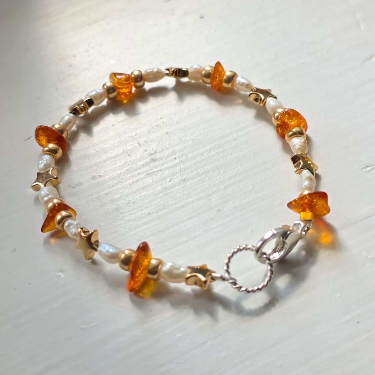 Alyssa's Birthday Sparkle Amber, Hematine & Freshwater Pearl Bracelet in Sterling Silver