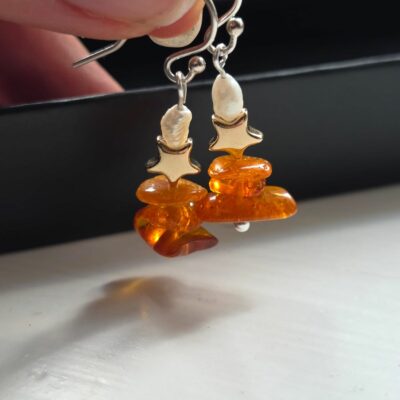 Alyssa's Birthday Sparkle Amber, Hematine & Freshwater Pearl Drop Earrings in Sterling Silver
