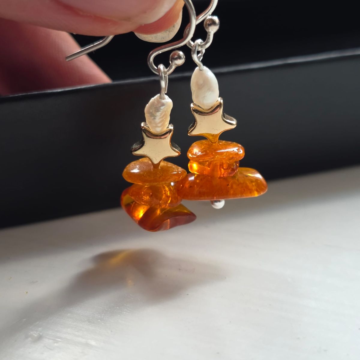 Alyssa's Birthday Sparkle Amber, Hematine & Freshwater Pearl Drop Earrings in Sterling Silver
