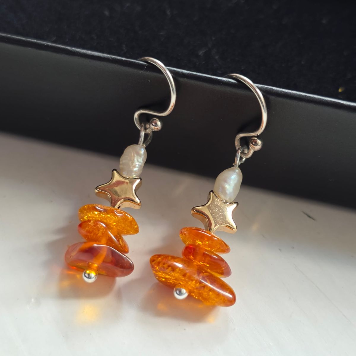 Alyssa's Birthday Sparkle Amber, Hematine & Freshwater Pearl Drop Earrings in Sterling Silver - Image 2