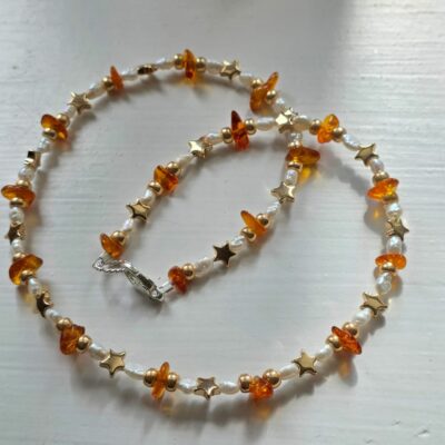 Alyssa's Birthday Sparkle Amber, Hematine & Freshwater Pearl Necklace in Sterling Silver