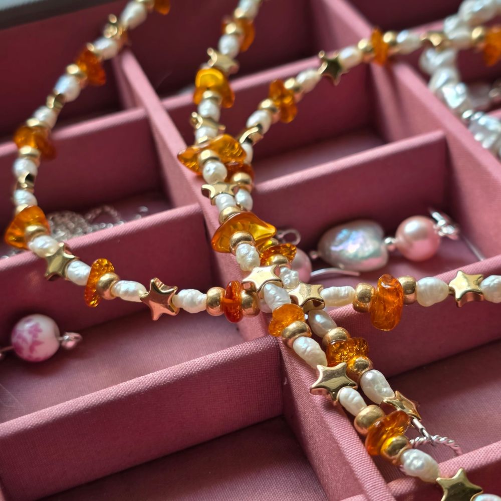 Alyssa's Birthday Sparkle Amber, Hematine & Freshwater Pearl Necklace in Sterling Silver - Image 3