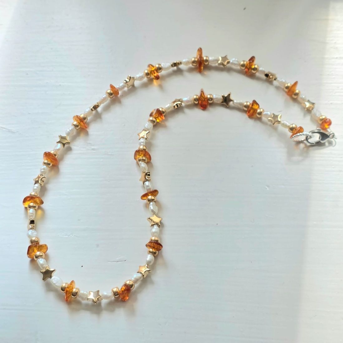 Alyssa's Birthday Sparkle Amber, Hematine & Freshwater Pearl Necklace in Sterling Silver - Image 2