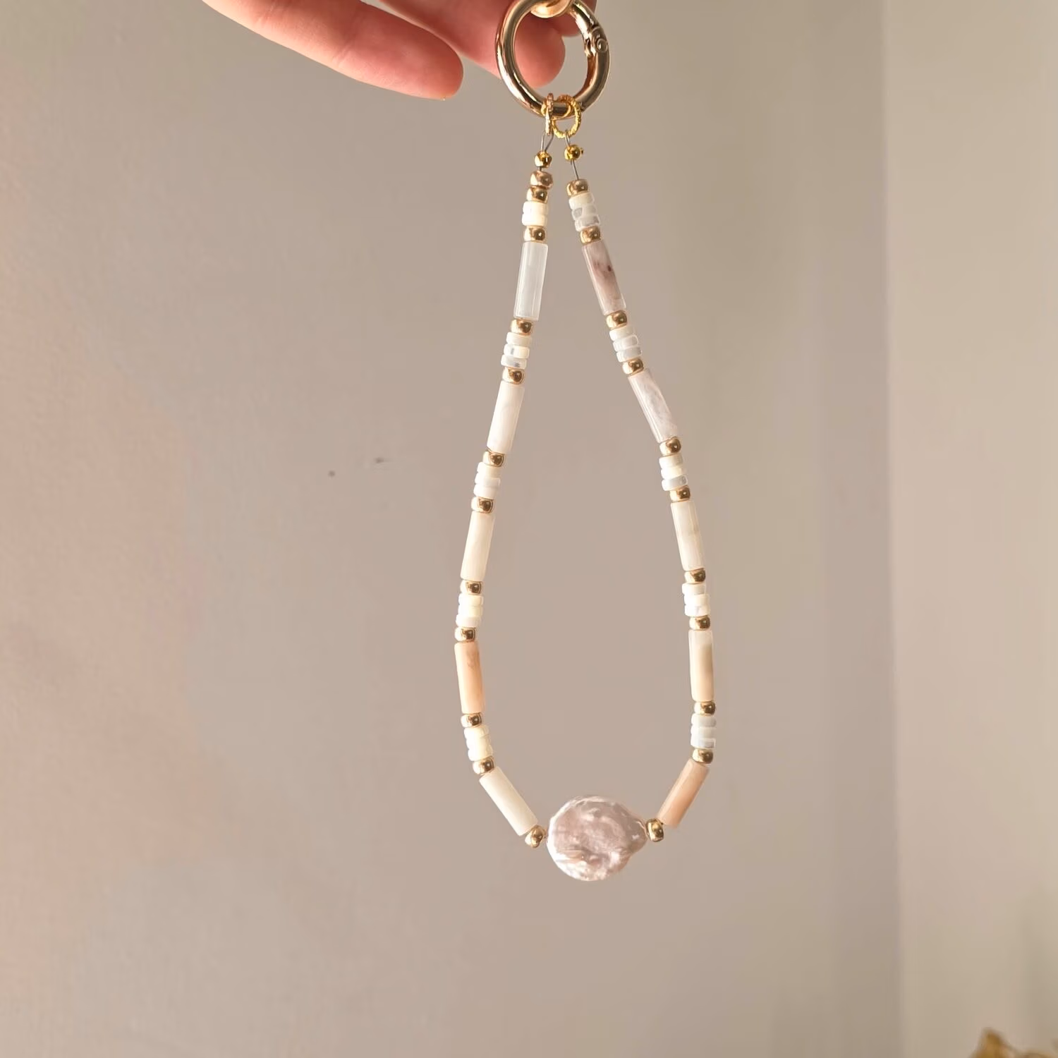 Blush Tide Freshwater Pearl & Peach Aventurine Phone Strap - Image 3