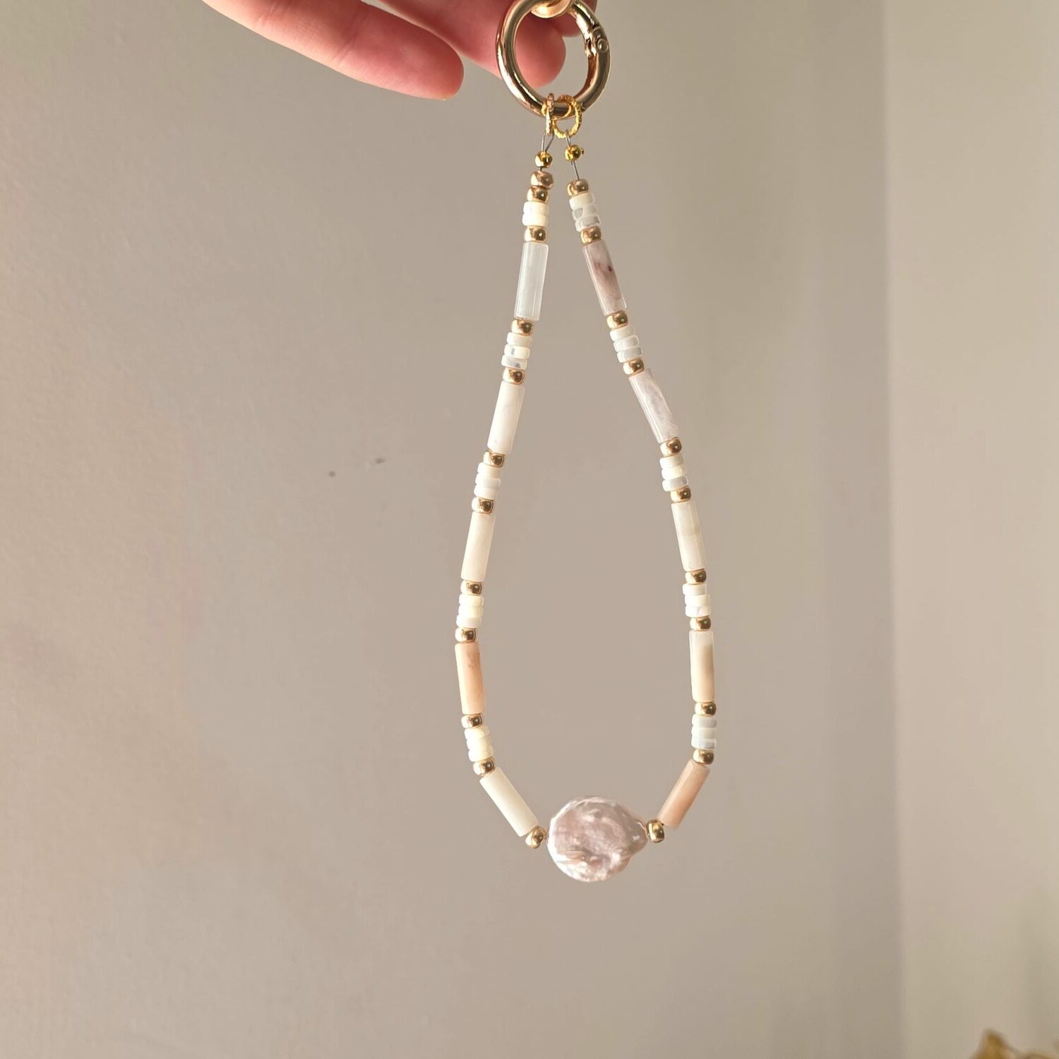 Blush Tide Freshwater Pearl & Peach Aventurine Phone Strap - Image 3