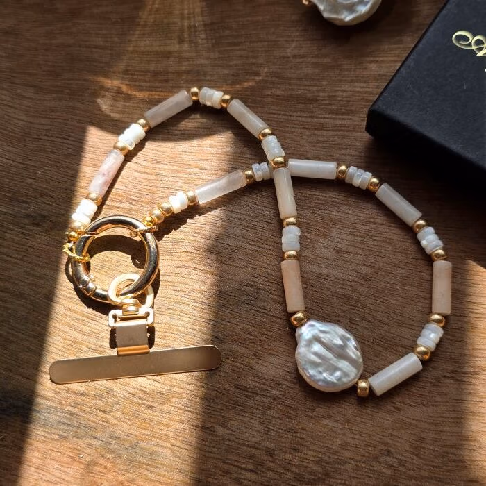 Blush Tide Freshwater Pearl & Peach Aventurine Phone Strap - Image 5