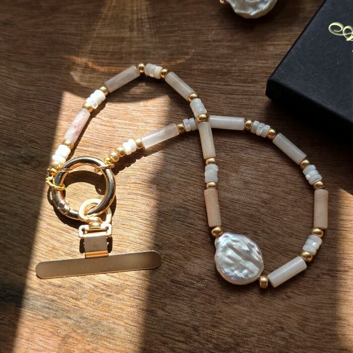 Blush Tide Freshwater Pearl & Peach Aventurine Phone Strap - Image 5