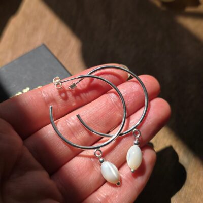 Mother of Pearl Dropper Statement Hoop Earrings in Sterling Silver