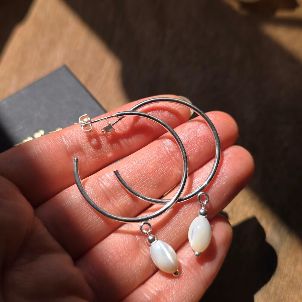 Mother of Pearl Dropper Statement Hoop Earrings in Sterling Silver