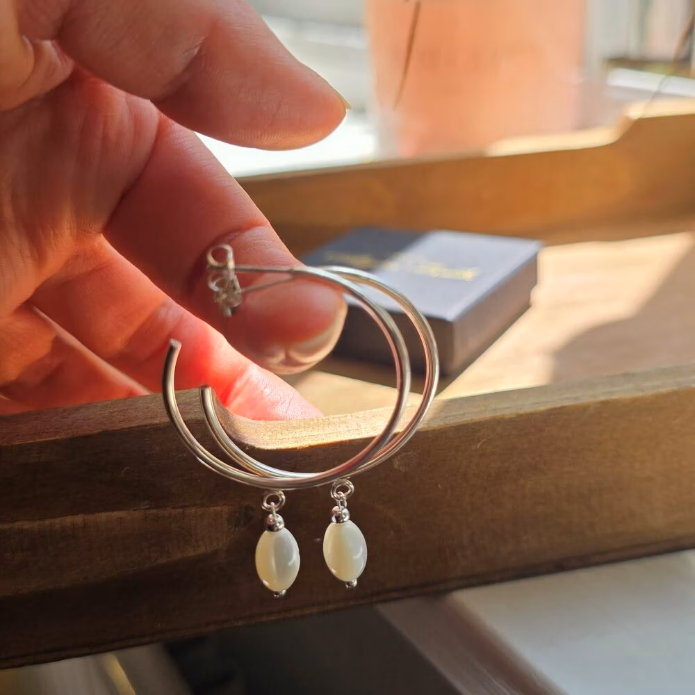 Mother of Pearl Dropper Statement Hoop Earrings in Sterling Silver - Image 2