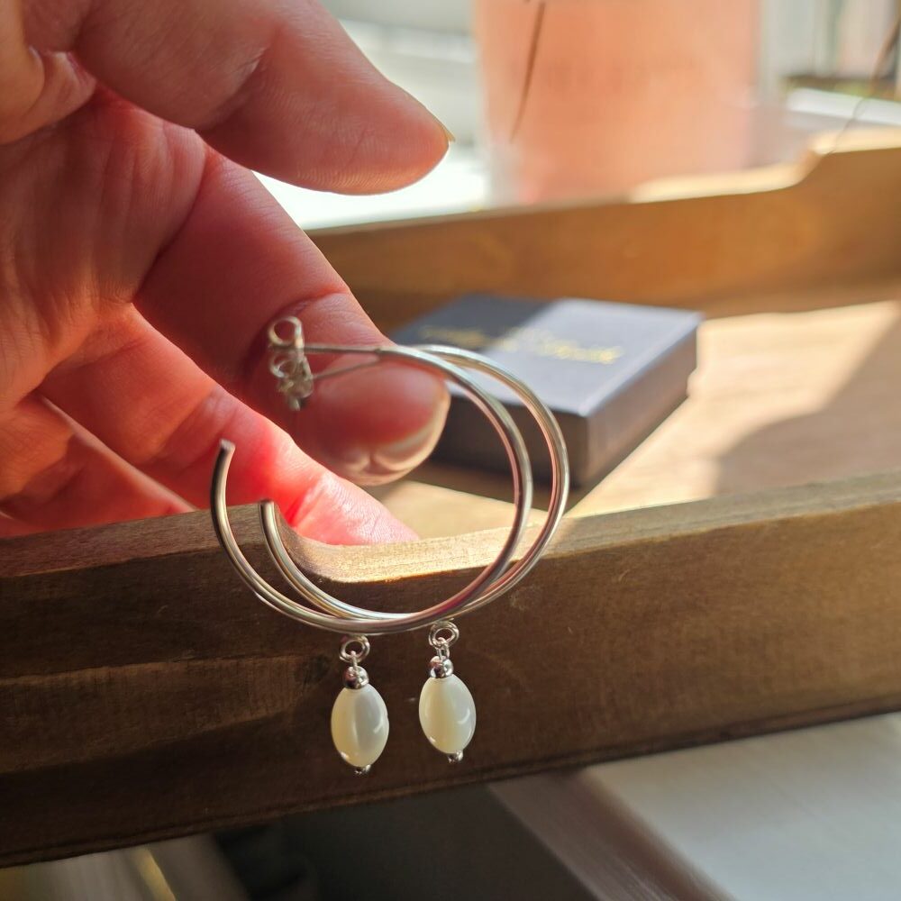 Mother of Pearl Dropper Statement Hoop Earrings in Sterling Silver - Image 2