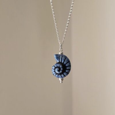 Natural Blue Ammonite Fossil Necklace in Sterling Silver