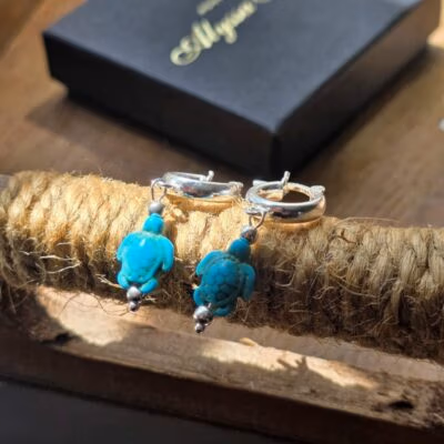 Ocean Wanderer Howlite Turquoise Sea Turtle Huggie Hoops in Sterling Silver