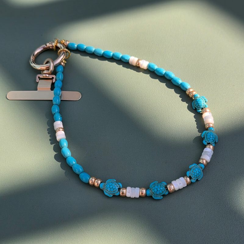 Ocean Wanderer Sea Turtle Howlite Turquoise & Mother of Pearl Phone Strap - Image 4
