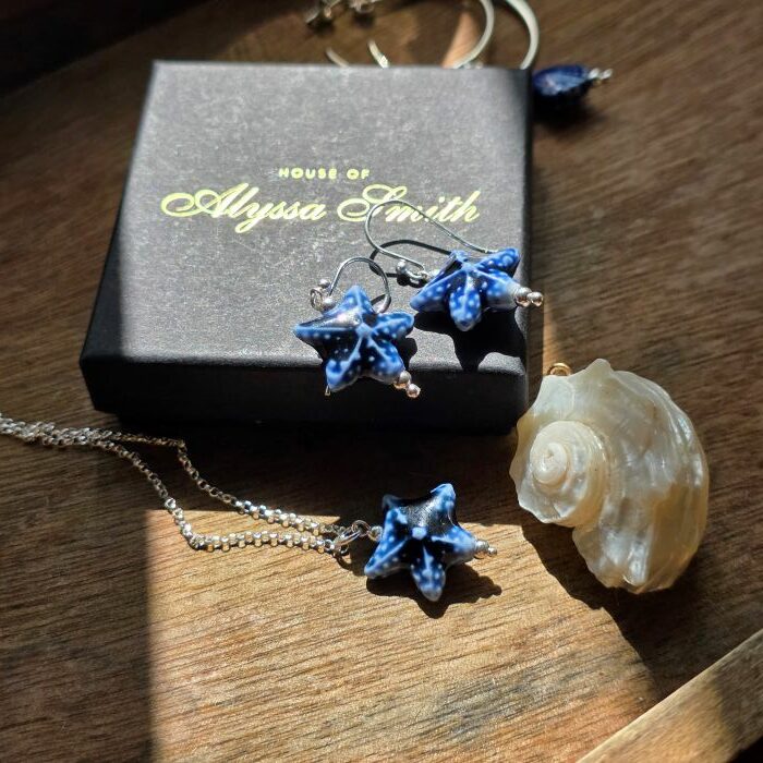 She Sells Sea Shells Blue Ceramic Starfish Drop Earrings in Sterling Silver - Image 4